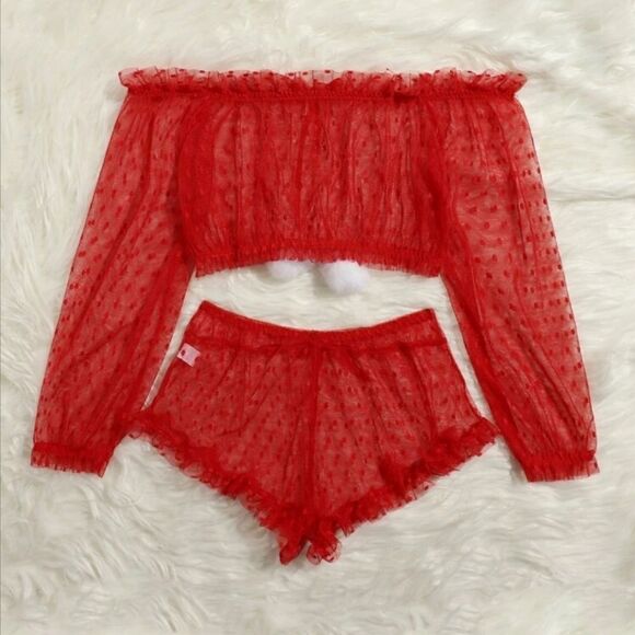 Red Lace Off Shoulder Lingerie Set - Picture 2 of 4
